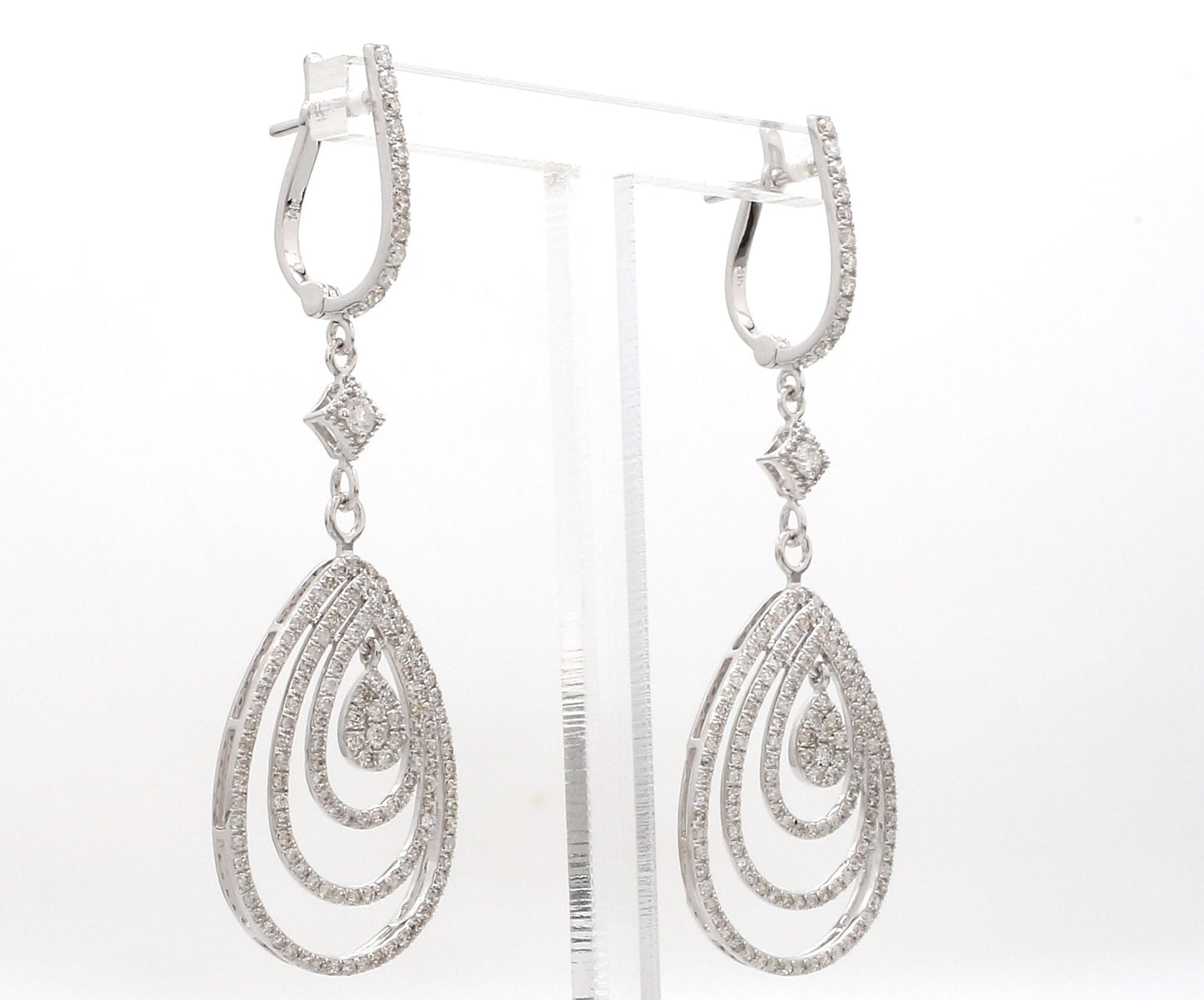 1.9 TCW Solid 14 Kt White Gold SI Clarity HI Color Diamond Three Layered Fine Dangle Earrings