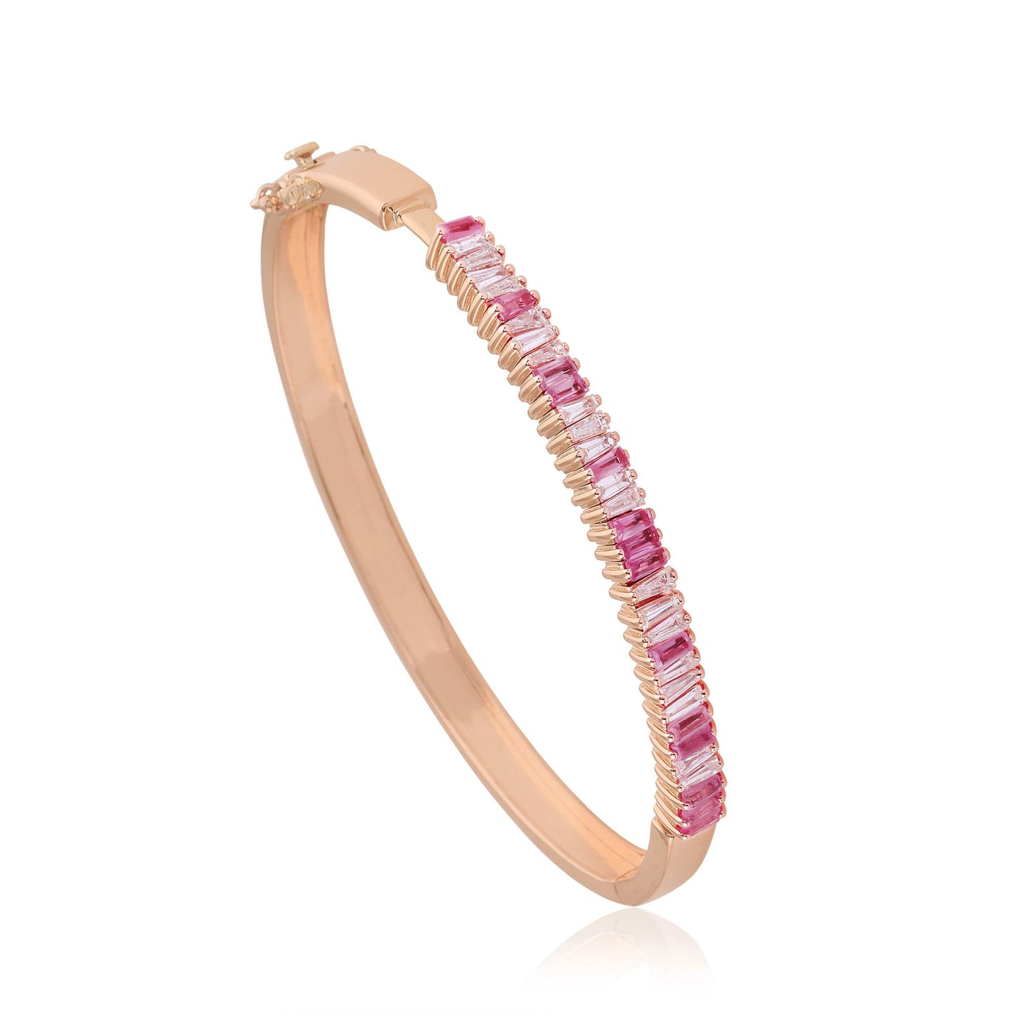 Solid 14Kt Rose Gold SI Clarity HI Color Baguette Diamond & Sapphire Gemstone Bangle/Bracelet