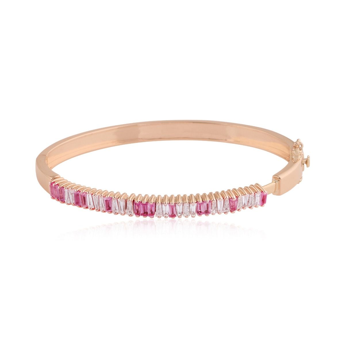 Solid 14Kt Rose Gold SI Clarity HI Color Baguette Diamond & Sapphire Gemstone Bangle/Bracelet