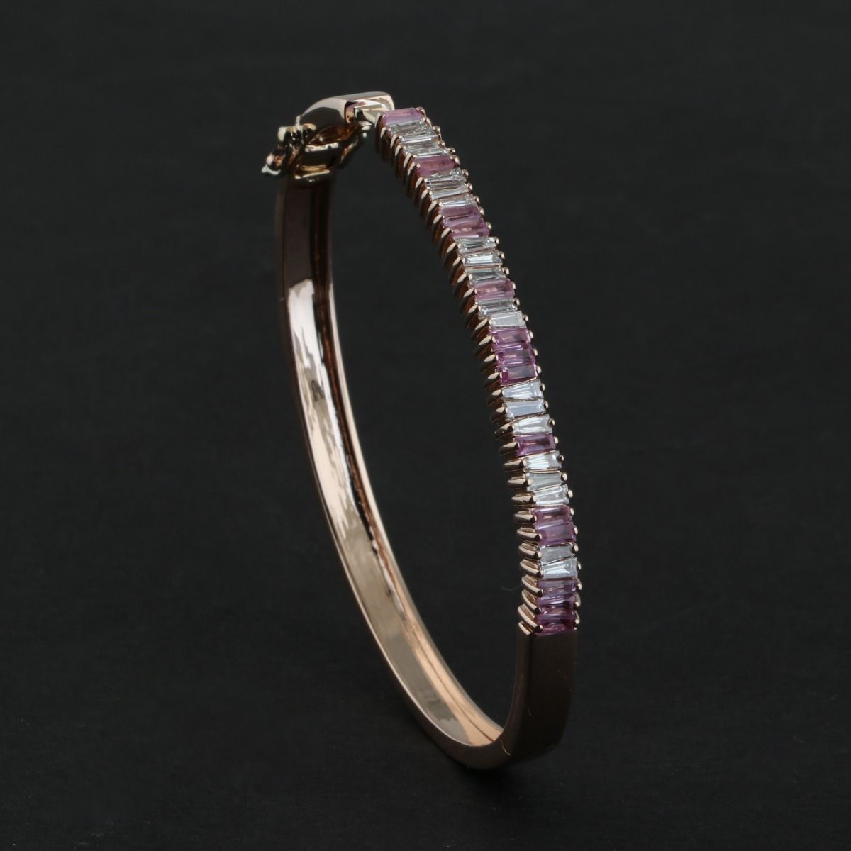 Solid 14Kt Rose Gold SI Clarity HI Color Baguette Diamond & Sapphire Gemstone Bangle/Bracelet