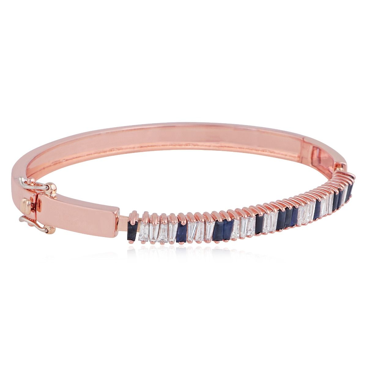 Solid 14Kt Rose Gold SI Clarity HI Color Baguette Diamond & Sapphire Gemstone Bangle/Bracelet