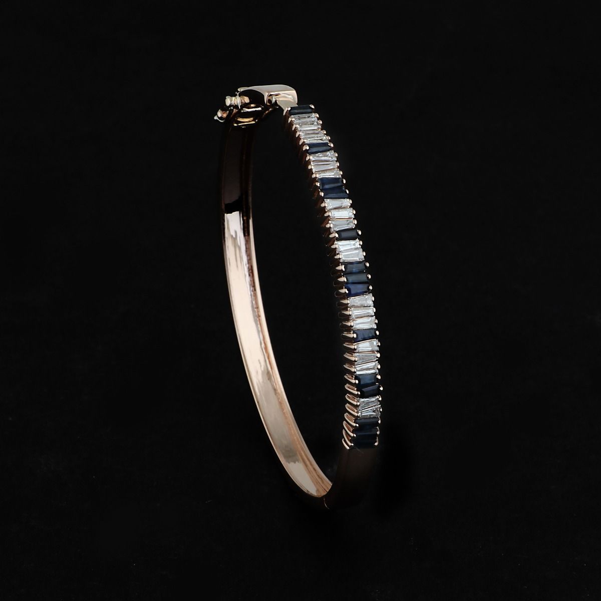 Solid 14Kt Rose Gold SI Clarity HI Color Baguette Diamond & Sapphire Gemstone Bangle/Bracelet