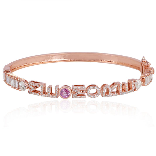 Solid 14Kt Rose Gold SI Clarity HI Color Diamond Pink Sapphire ME MORE Bangle/Bracelets Personalized Jewelry