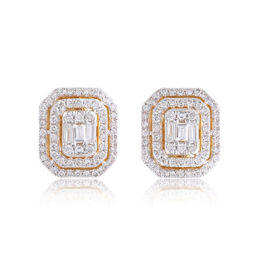 0.96 TCW Solid 14Kt Yellow Gold SI Clarity HI Color Pave Diamond Handmade Stud Earrings