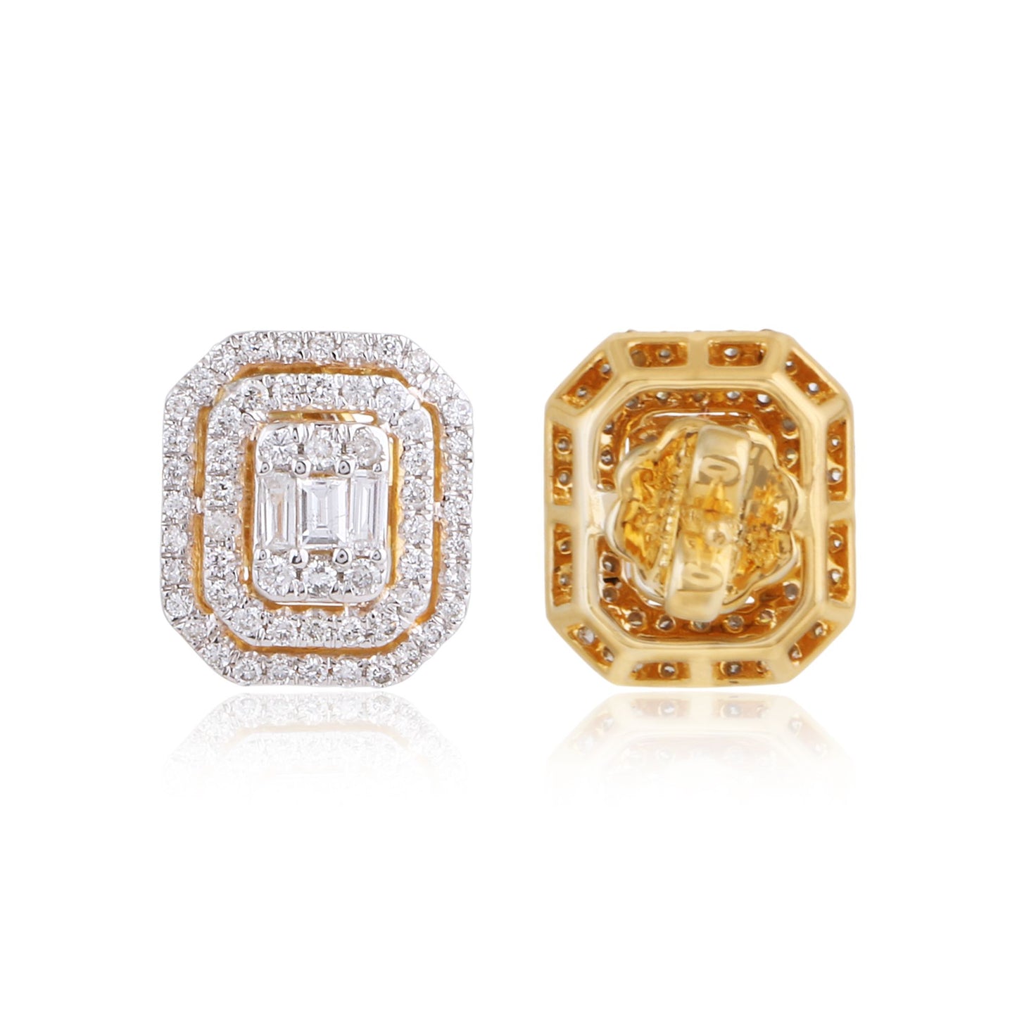 0.96 TCW Solid 14Kt Yellow Gold SI Clarity HI Color Pave Diamond Handmade Stud Earrings