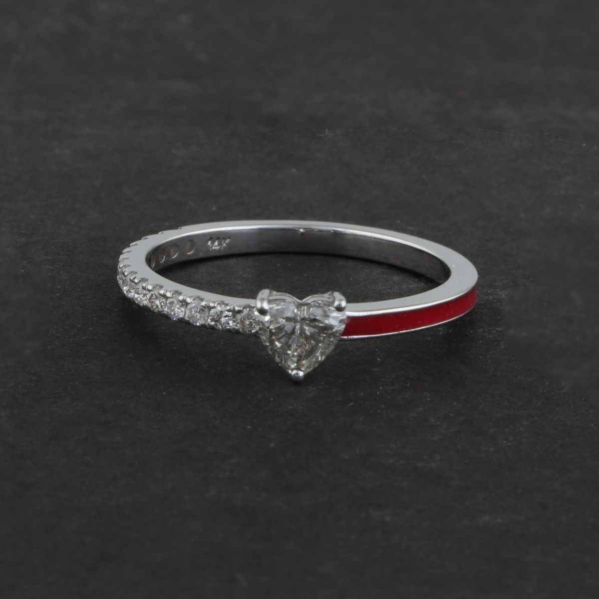 Heart Shaped SI Clarity HI Color Diamond 0.51 TCW Solid 14 Kt White Gold Red Enamel Promise Ring