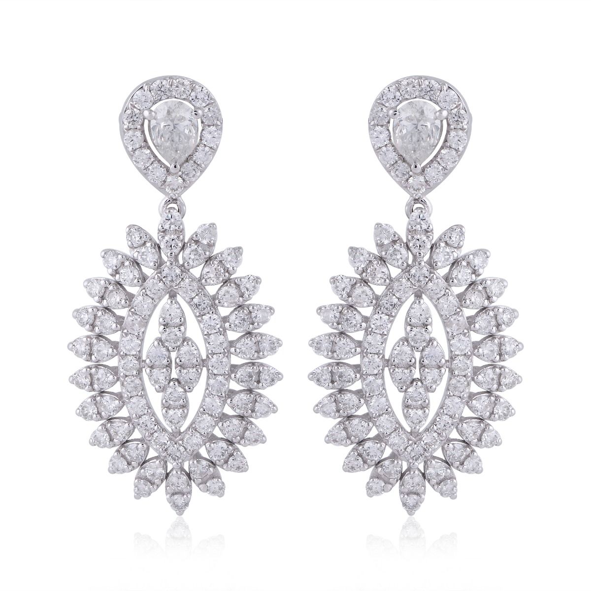 2.85 TCW Solid 14 Kt White Gold SI Clarity HI Color Pave Diamond Handmade Dangle Earrings