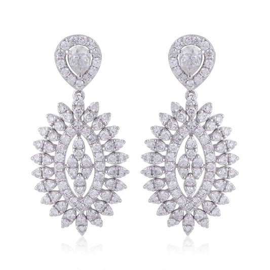 2.85 TCW Solid 14 Kt White Gold SI Clarity HI Color Pave Diamond Handmade Dangle Earrings