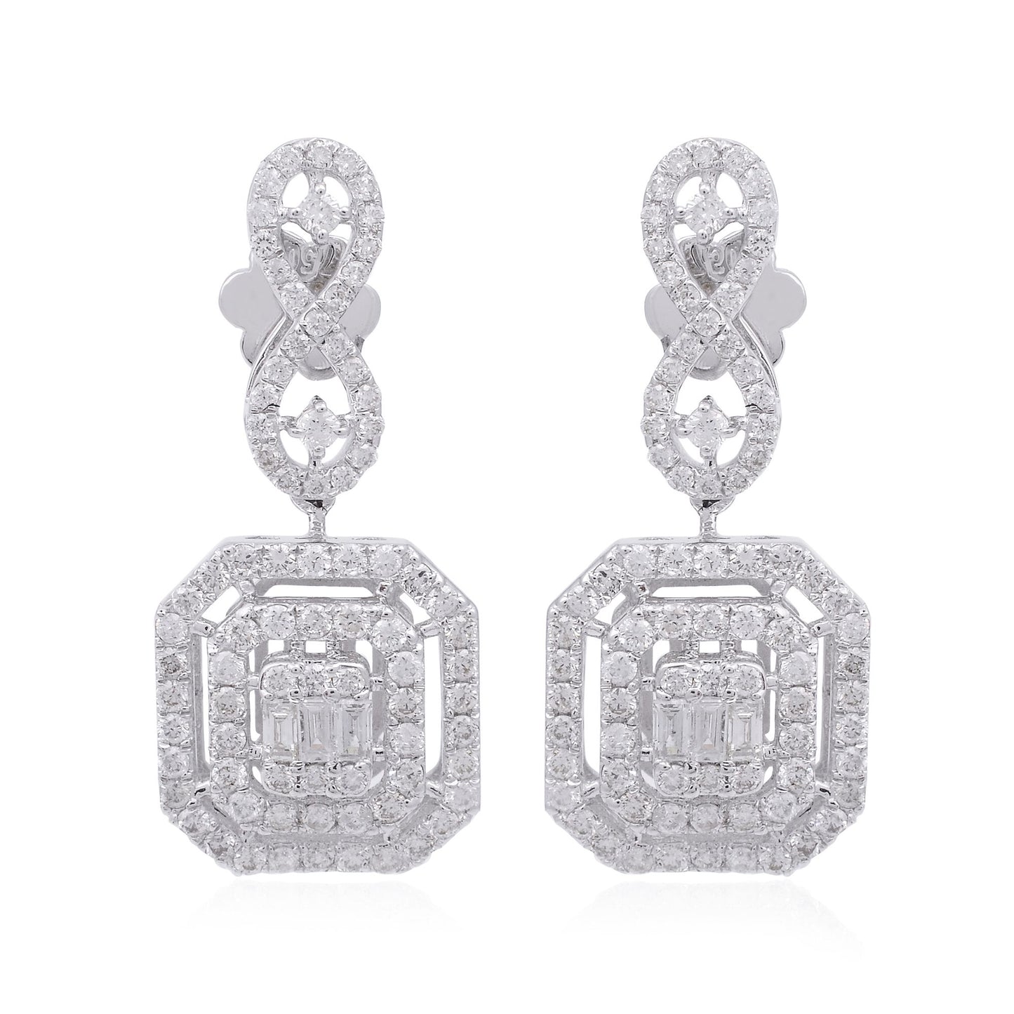 2 TCW Baguette & Pave Diamond Solid 14 Kt White Gold SI Clarity HI Color Fine Dangle Earrings