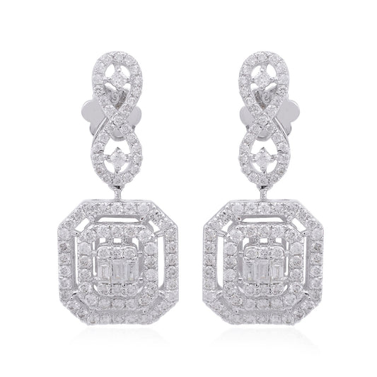 2 TCW Baguette & Pave Diamond Solid 14 Kt White Gold SI Clarity HI Color Fine Dangle Earrings