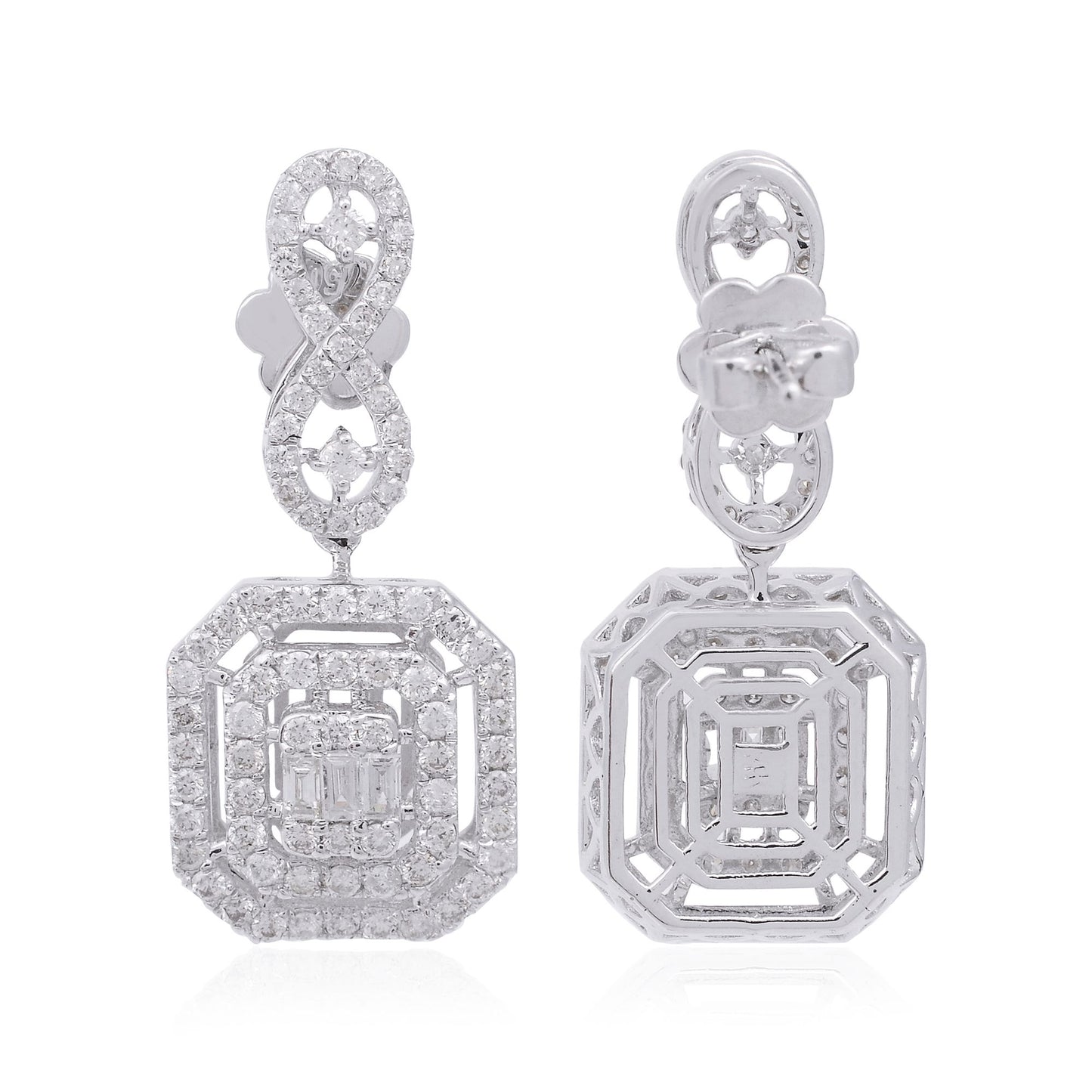 2 TCW Baguette & Pave Diamond Solid 14 Kt White Gold SI Clarity HI Color Fine Dangle Earrings