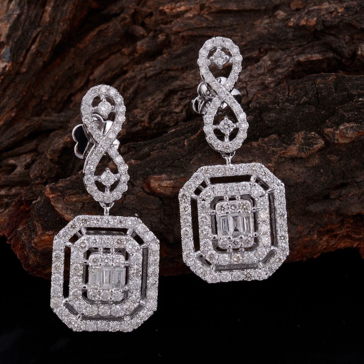 2 TCW Baguette & Pave Diamond Solid 14 Kt White Gold SI Clarity HI Color Fine Dangle Earrings