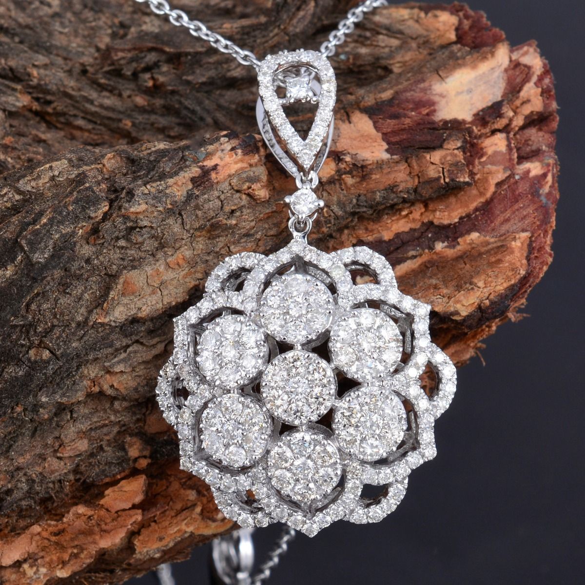 1.8 TCW Pave SI Clarity HI Color Diamond Flower Shaped Charm Pendant Solid 14 Kt White Gold