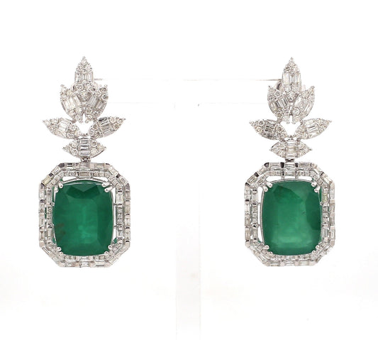 Natural Emerald Solid 14 Kt White Gold SI Clarity HI Color Diamond Handmade Earrings