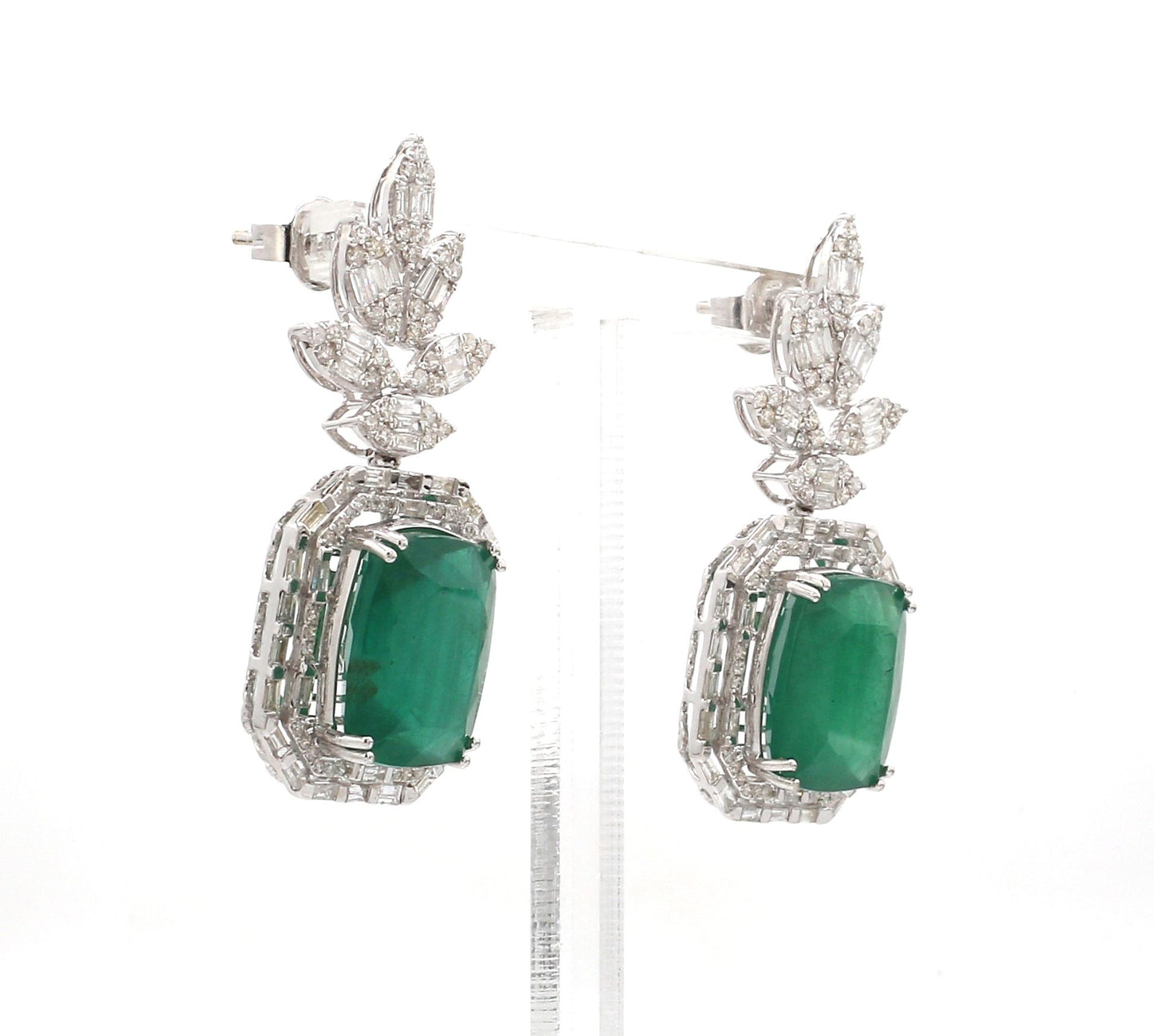 Natural Emerald Solid 14 Kt White Gold SI Clarity HI Color Diamond Handmade Earrings