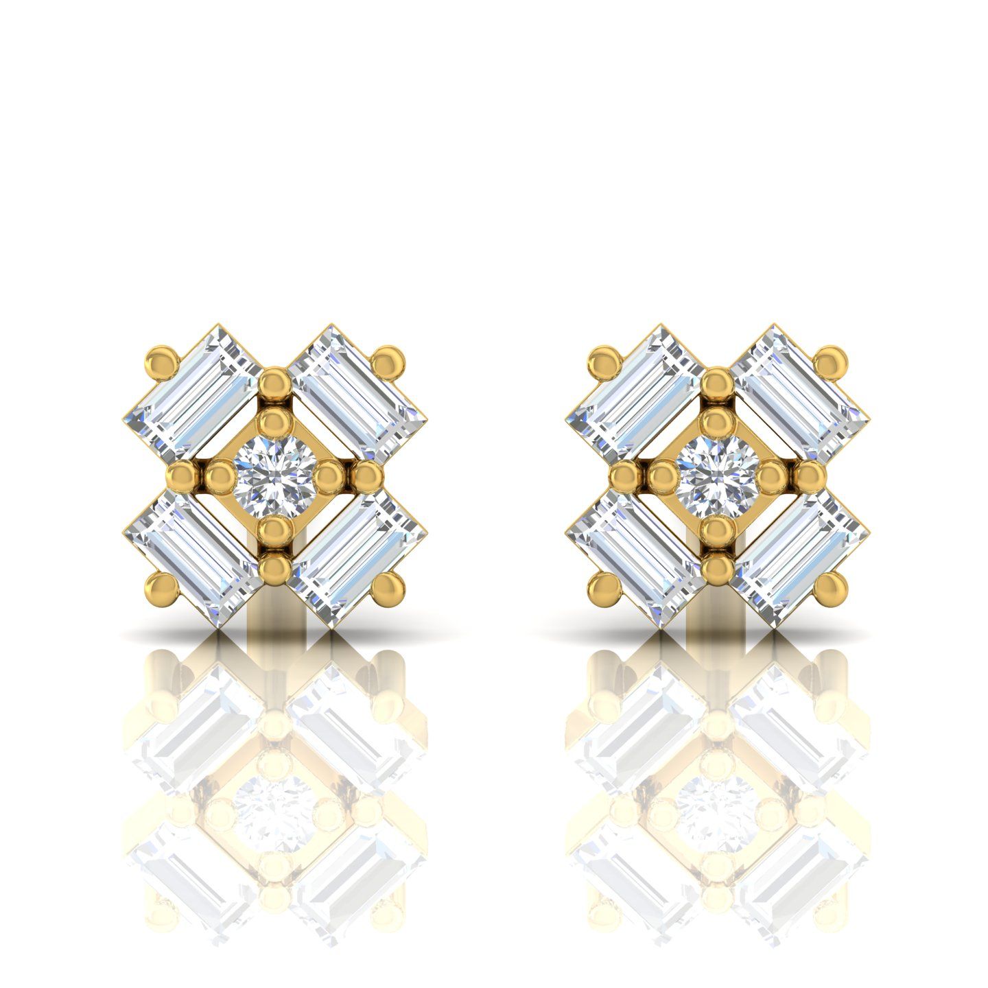 Real 0.20 Ct. HI/SI Baguette Round Diamond Stud Earrings 14Kt Gold Jewelry