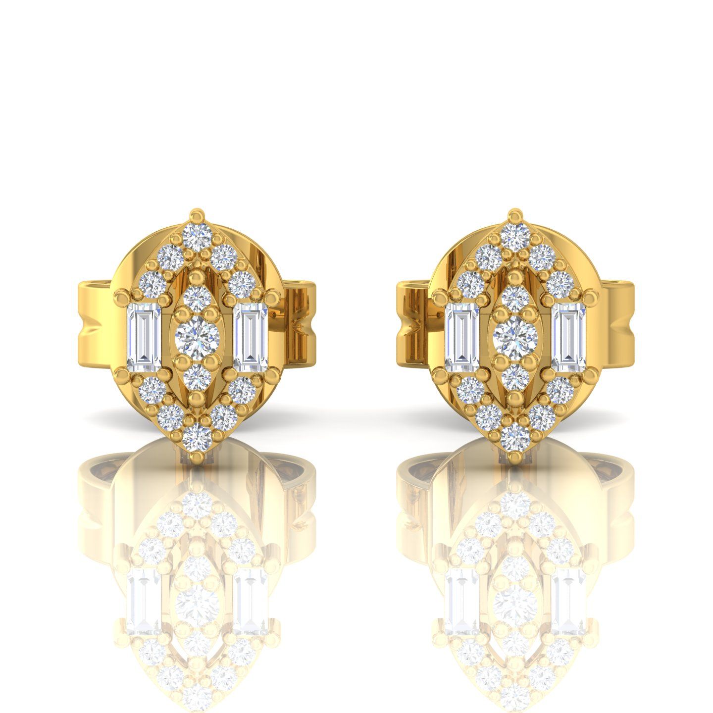 SI/HI Baguette Round Diamond Stud Earrings 14Kt Gold Fine Jewelry