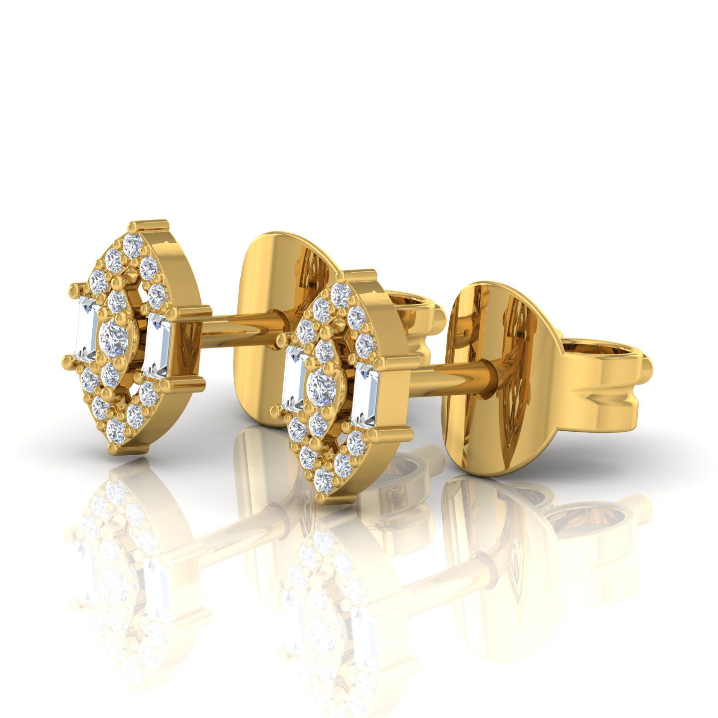 SI/HI Baguette Round Diamond Stud Earrings 14Kt Gold Fine Jewelry