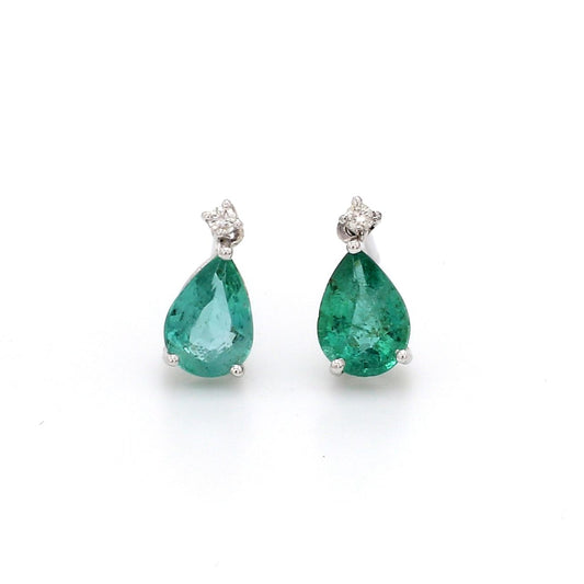 Genuine Pear Emerald HI/SI Diamond Stud Earrings 14k White Gold Fine Jewelry NEW