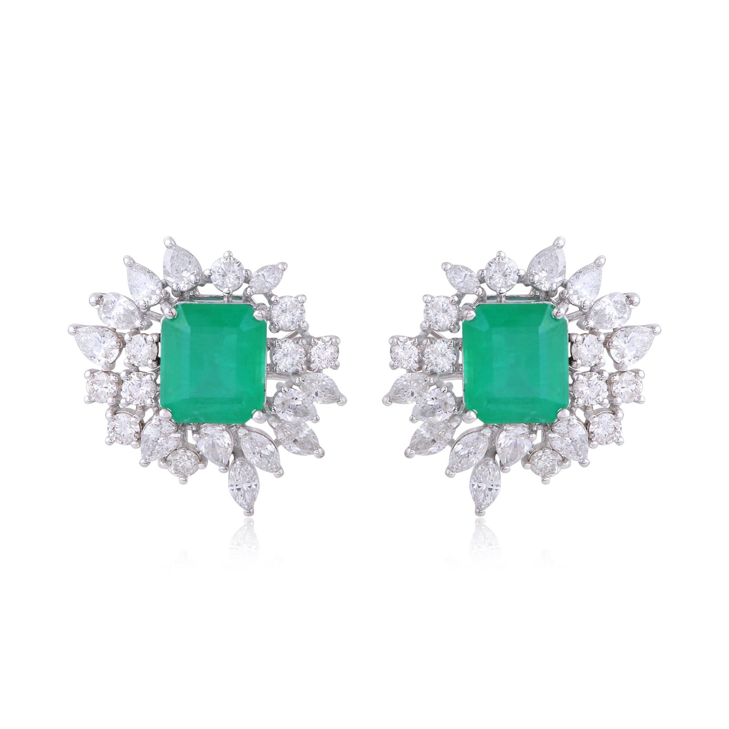 Solid 14Kt White Gold SI Clarity HI Color Diamond Baguette Emerald Cluster Stud Earrings Spectrum Jewelry Store