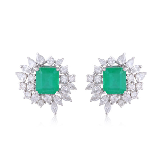 Solid 14Kt White Gold SI Clarity HI Color Diamond Baguette Emerald Cluster Stud Earrings Spectrum Jewelry Store