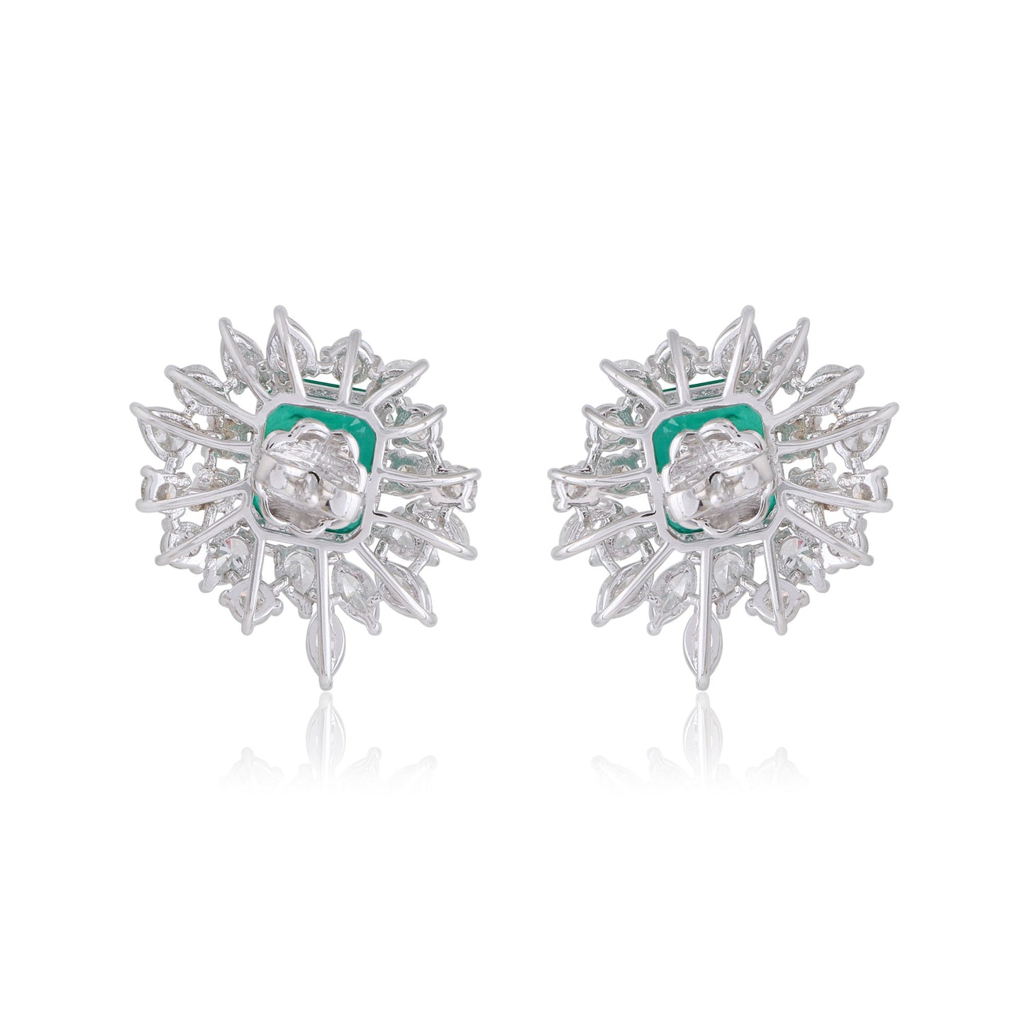 Solid 14Kt White Gold SI Clarity HI Color Diamond Baguette Emerald Cluster Stud Earrings Spectrum Jewelry Store