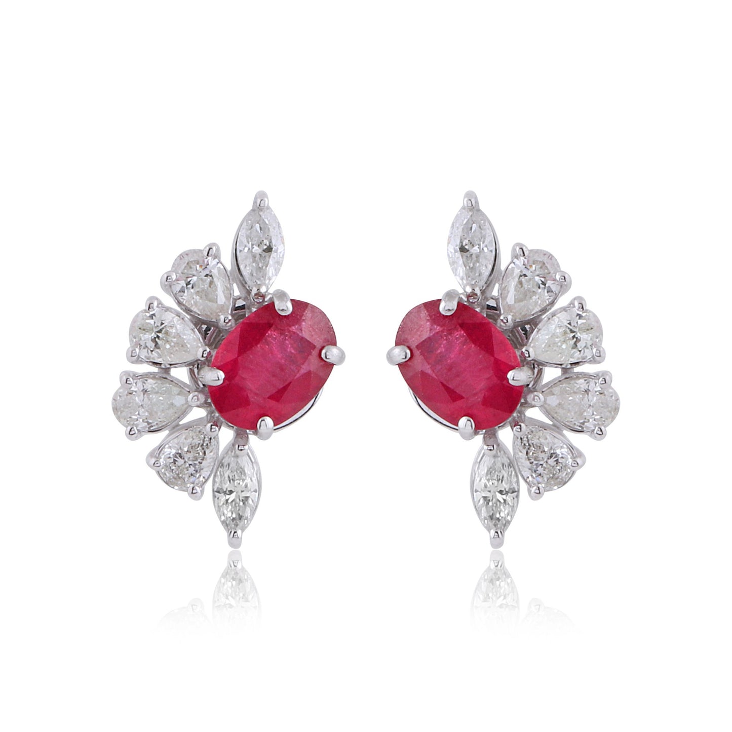 Solid 14Kt White Gold SI Clarity HI Color Pear & Marquise Diamond Oval Ruby Gemstone Stud Earrings Website Jewelry