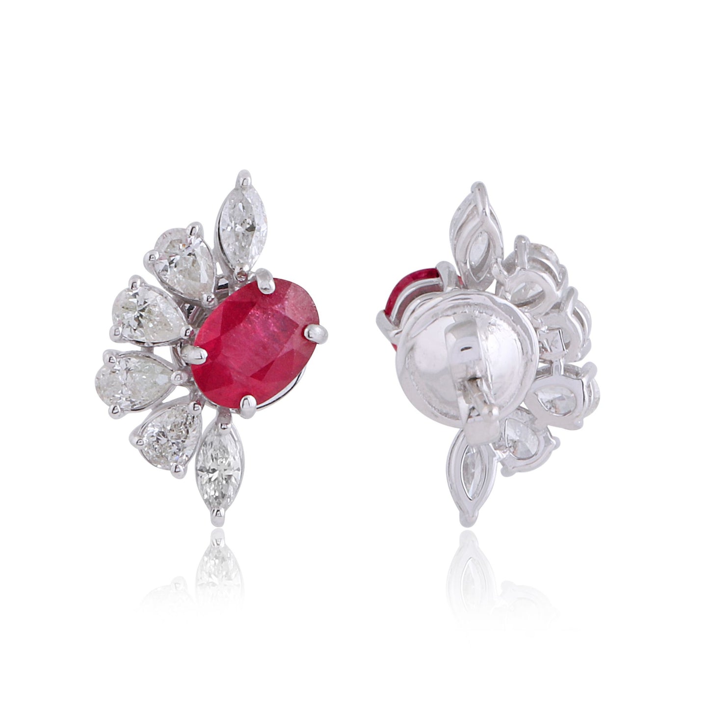 Solid 14Kt White Gold SI Clarity HI Color Pear & Marquise Diamond Oval Ruby Gemstone Stud Earrings Website Jewelry