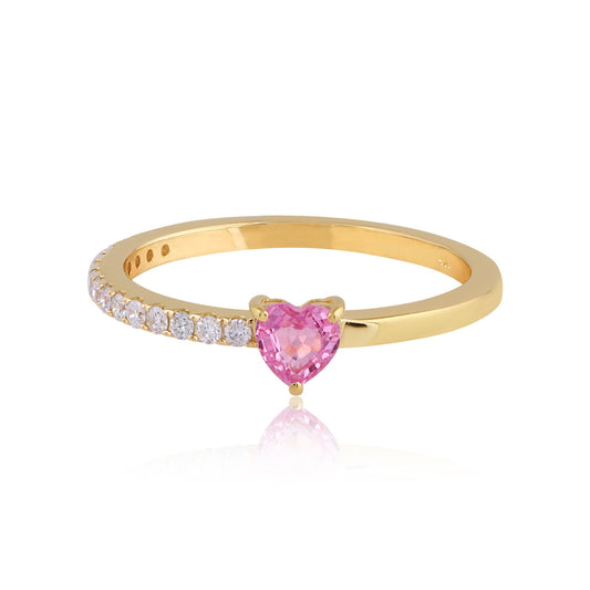 Solid 14Kt Yellow Gold SI Clarity HI Color Heart Shaped Pink Sapphire Diamond Promise Ring