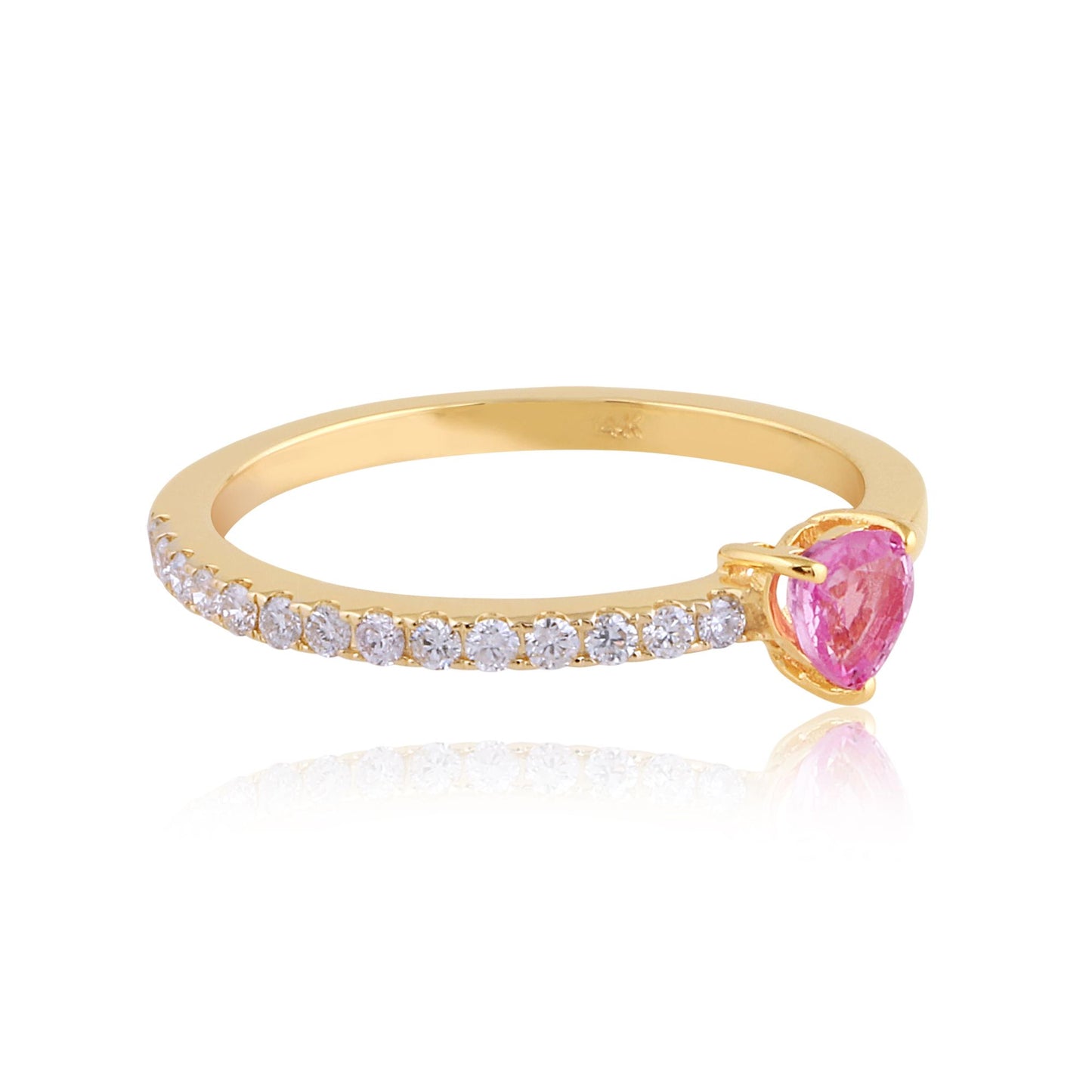 Solid 14Kt Yellow Gold SI Clarity HI Color Heart Shaped Pink Sapphire Diamond Promise Ring