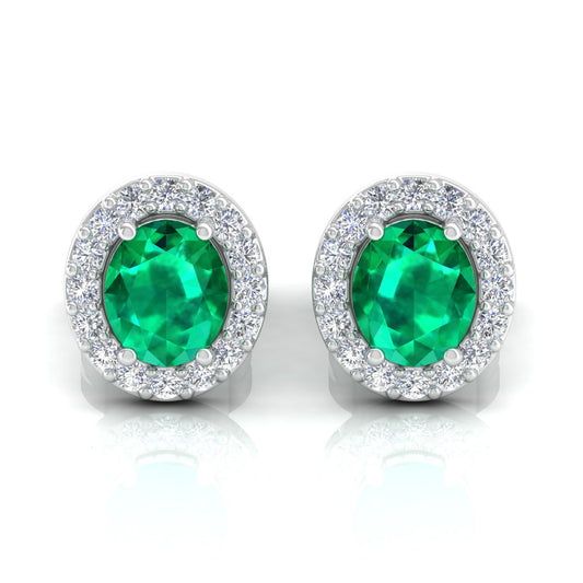 Solid 14 Kt Gold Genuine Emerald HI/SI Diamond Stud Earrings Fine Jewelry