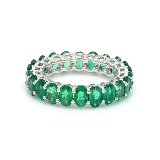 Real Oval Emerald Gemstone Band Ring Solid 14k White Gold Fine Jewelry