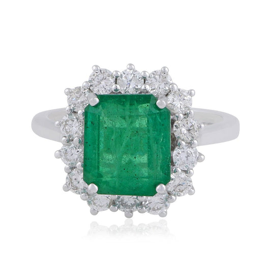 Rectangle Shaped Emerald Solid 14 Kt White Gold SI Clarity HI Color Diamond Promise Ring