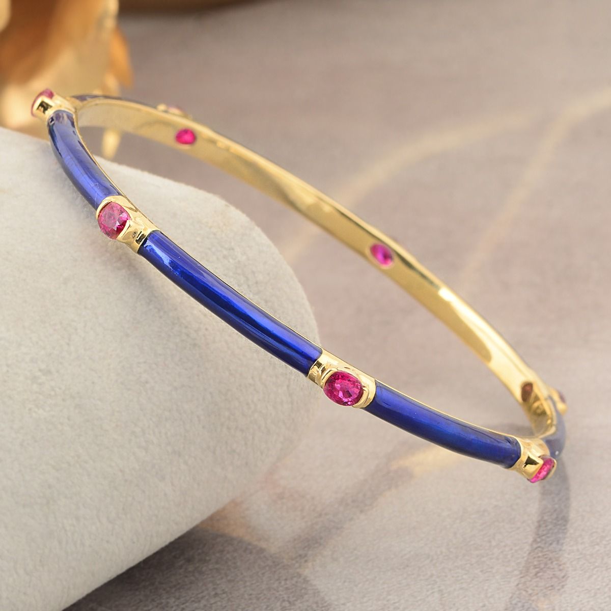 Ruby Oval Cut Gemstone Bangle Bracelet 18k Yellow Gold |Blue Enamel Jewelry | Gift for Women|