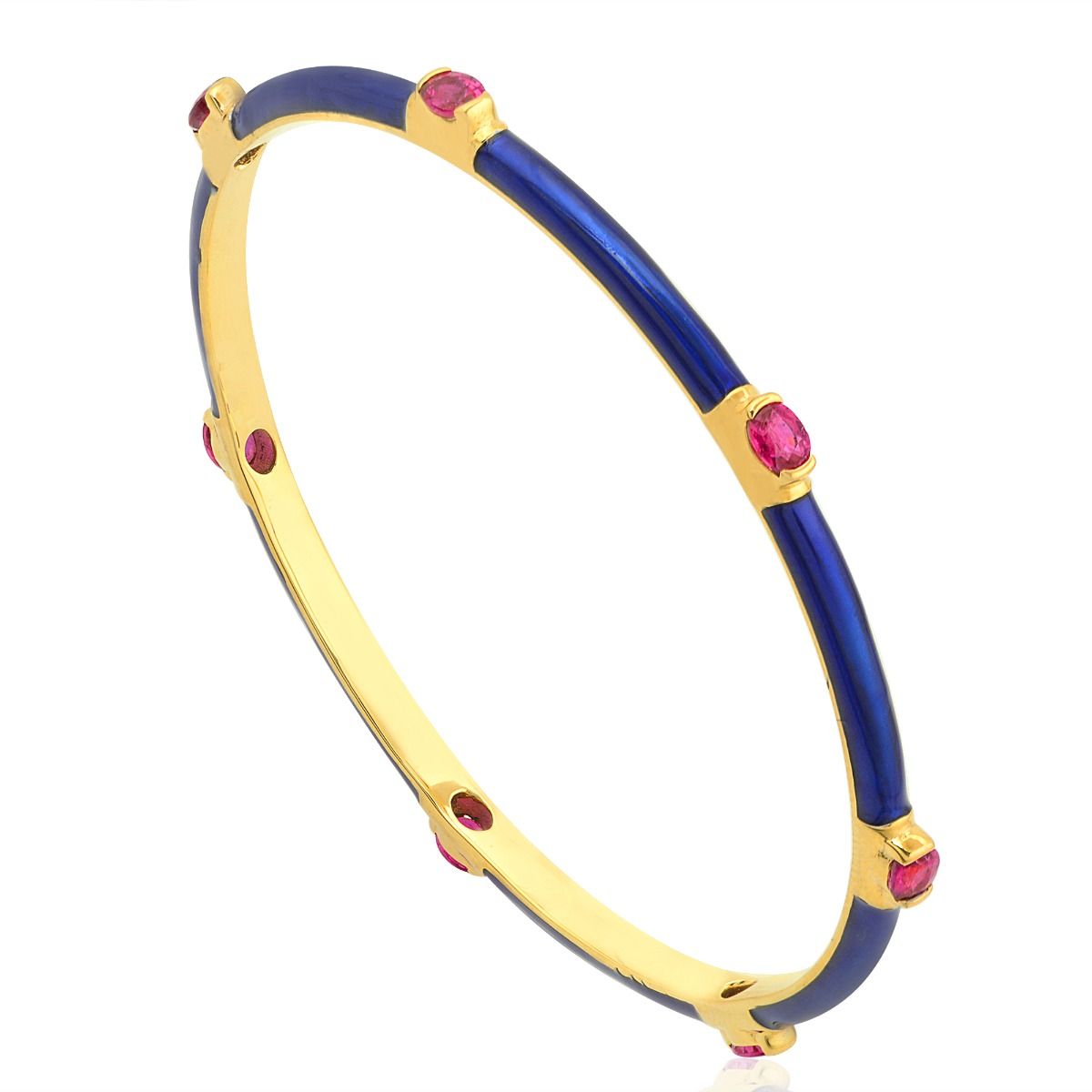 Ruby Oval Cut Gemstone Bangle Bracelet 18k Yellow Gold |Blue Enamel Jewelry | Gift for Women|