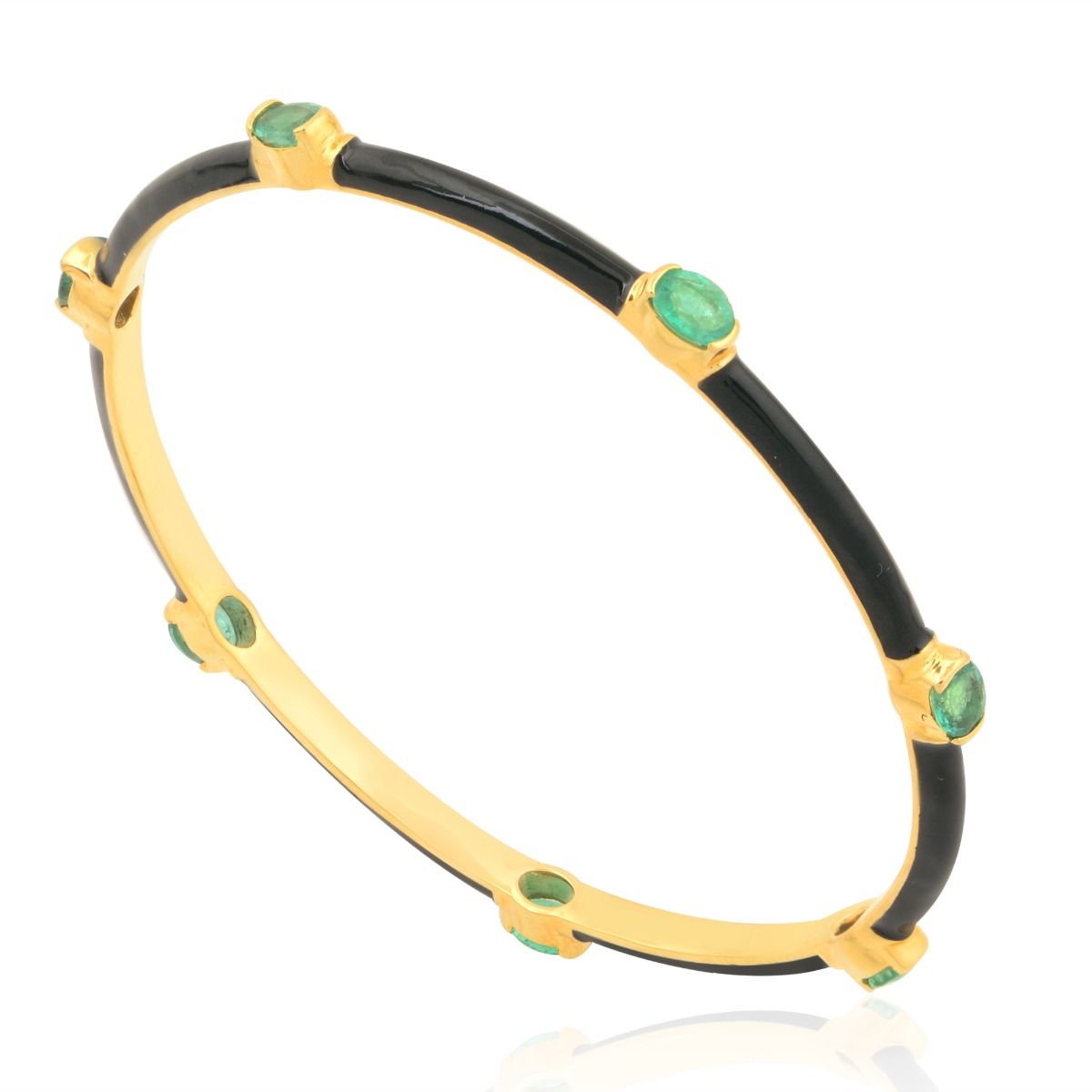 1.92 Ct Natural Zambian Emerald Gemstone Bangle Bracelet 18k Yellow Gold Black Enamel Jewelry | Anniversary Gift For Her|