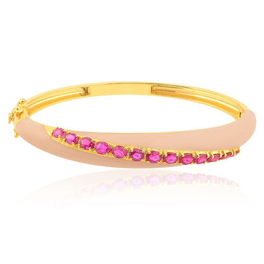 18k Yellow Gold Bangle Bracelet Excellent Cut Ruby Gemstone Pink Enamel Jewelry | Party Wear Bangle | Birthday Gift for Her