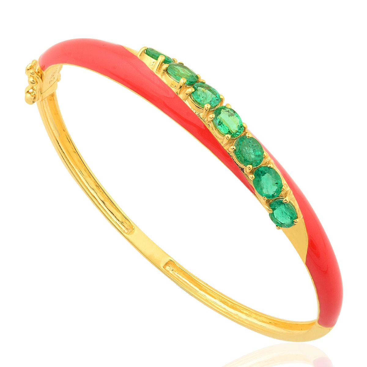 2.27 Ct Natural Zambian Emerald 18k Yellow Gold Bangle Bracelet Red Enamel Jewelry | Anniversary Gift