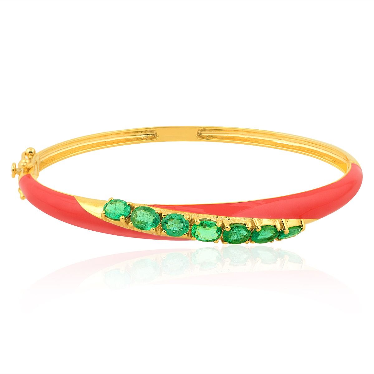 2.27 Ct Natural Zambian Emerald 18k Yellow Gold Bangle Bracelet Red Enamel Jewelry | Anniversary Gift