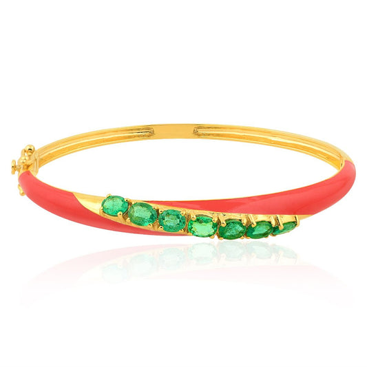 2.27 Ct Natural Zambian Emerald 18k Yellow Gold Bangle Bracelet Red Enamel Jewelry | Anniversary Gift