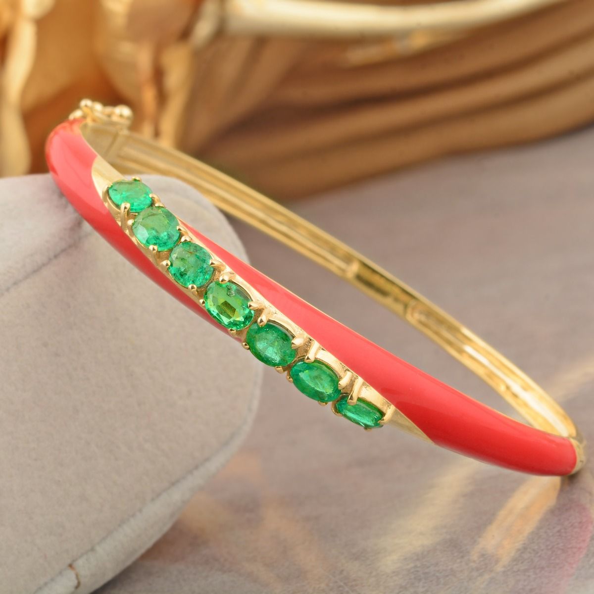 2.27 Ct Natural Zambian Emerald 18k Yellow Gold Bangle Bracelet Red Enamel Jewelry | Anniversary Gift