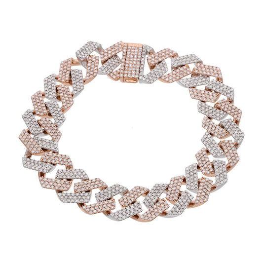 18k Rose & White Gold Handmade Bracelet Natural 8.80 Carat HI/SI Diamond Cuban Chain Bracelet