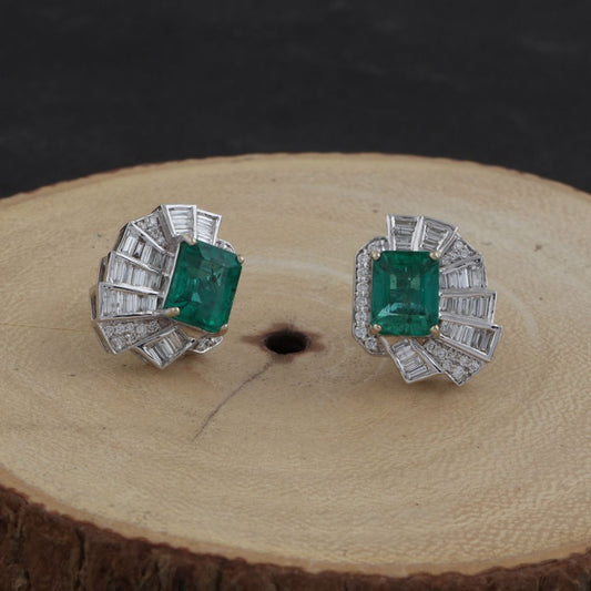 Solid 18 Kt White Gold Real Emerald SI Clarity HI Color Diamond Handmade Stud Earrings