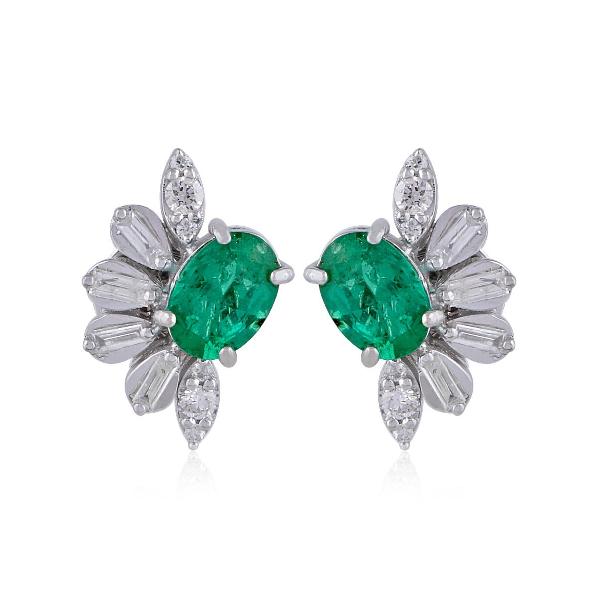 Genuine Emerald Diamond Solid 18k White Gold Handmade Jewelry Stud Earrings