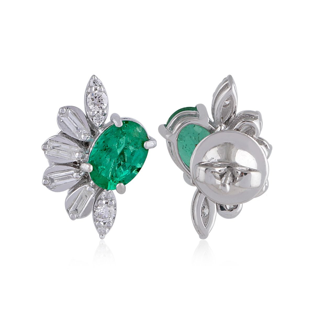 Genuine Emerald Diamond Solid 18k White Gold Handmade Jewelry Stud Earrings