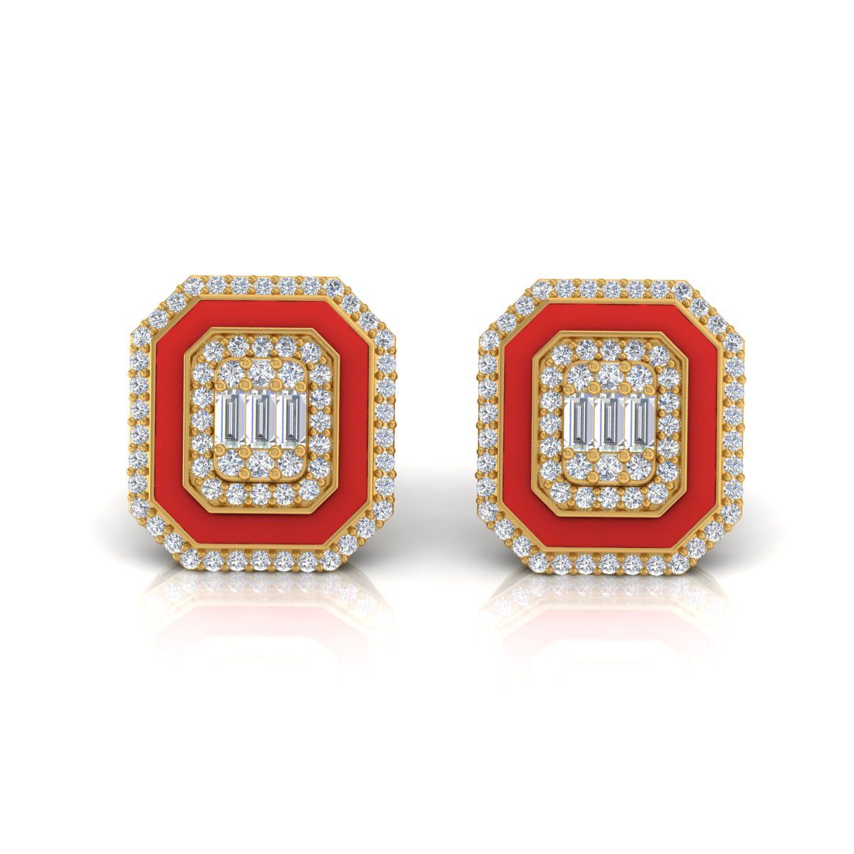 0.90 Ct. Solid 18k White Gold SI/HI Pave Diamond Red Enamel Stud Earrings