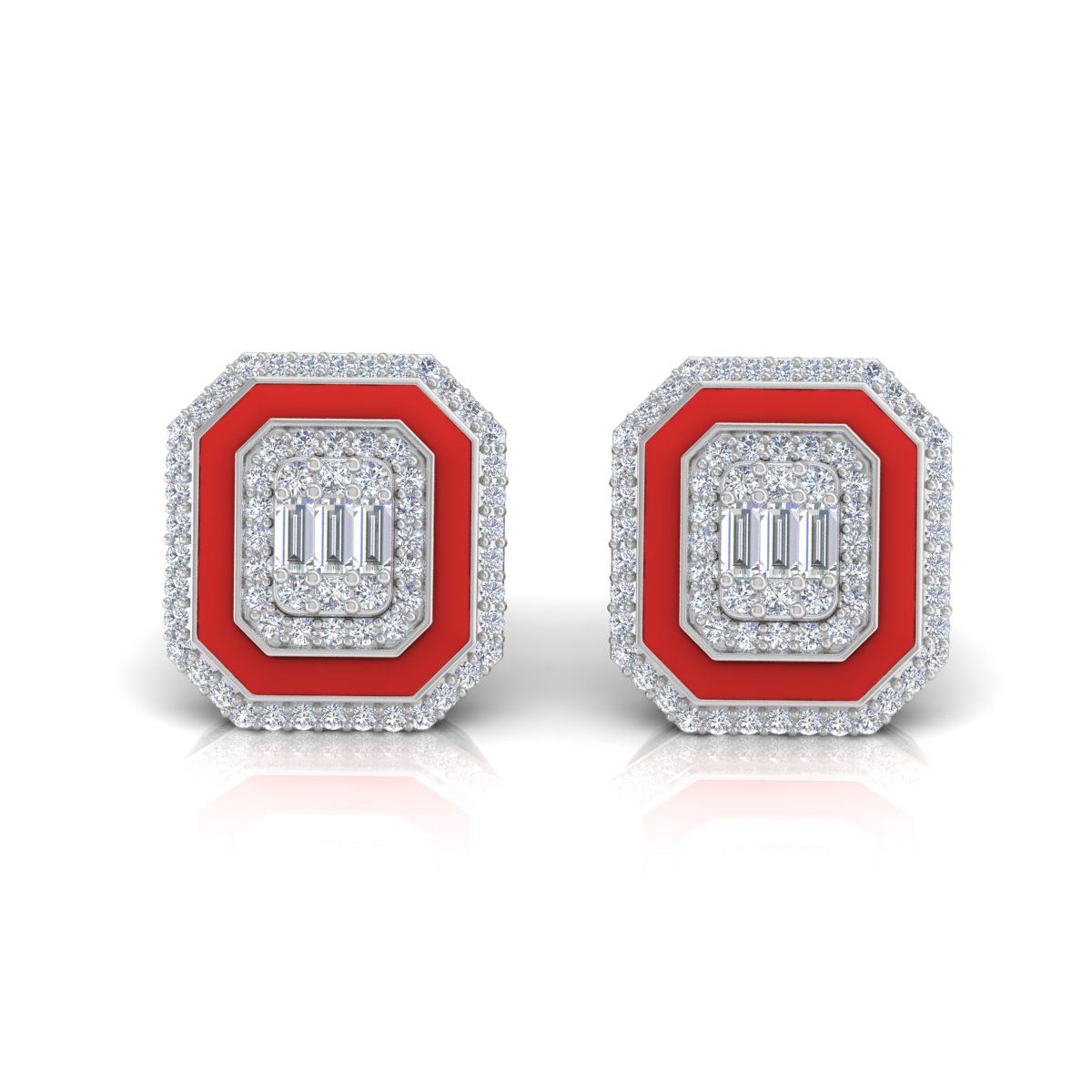 0.90 Ct. Solid 18k White Gold SI/HI Pave Diamond Red Enamel Stud Earrings