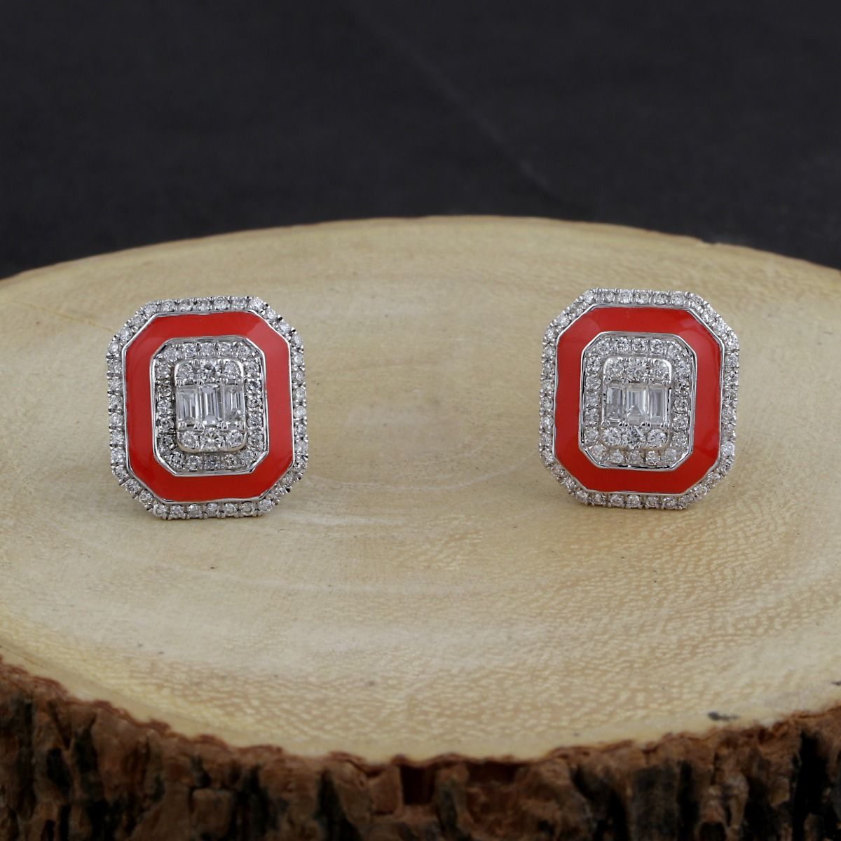 0.90 Ct. Solid 18k White Gold SI/HI Pave Diamond Red Enamel Stud Earrings