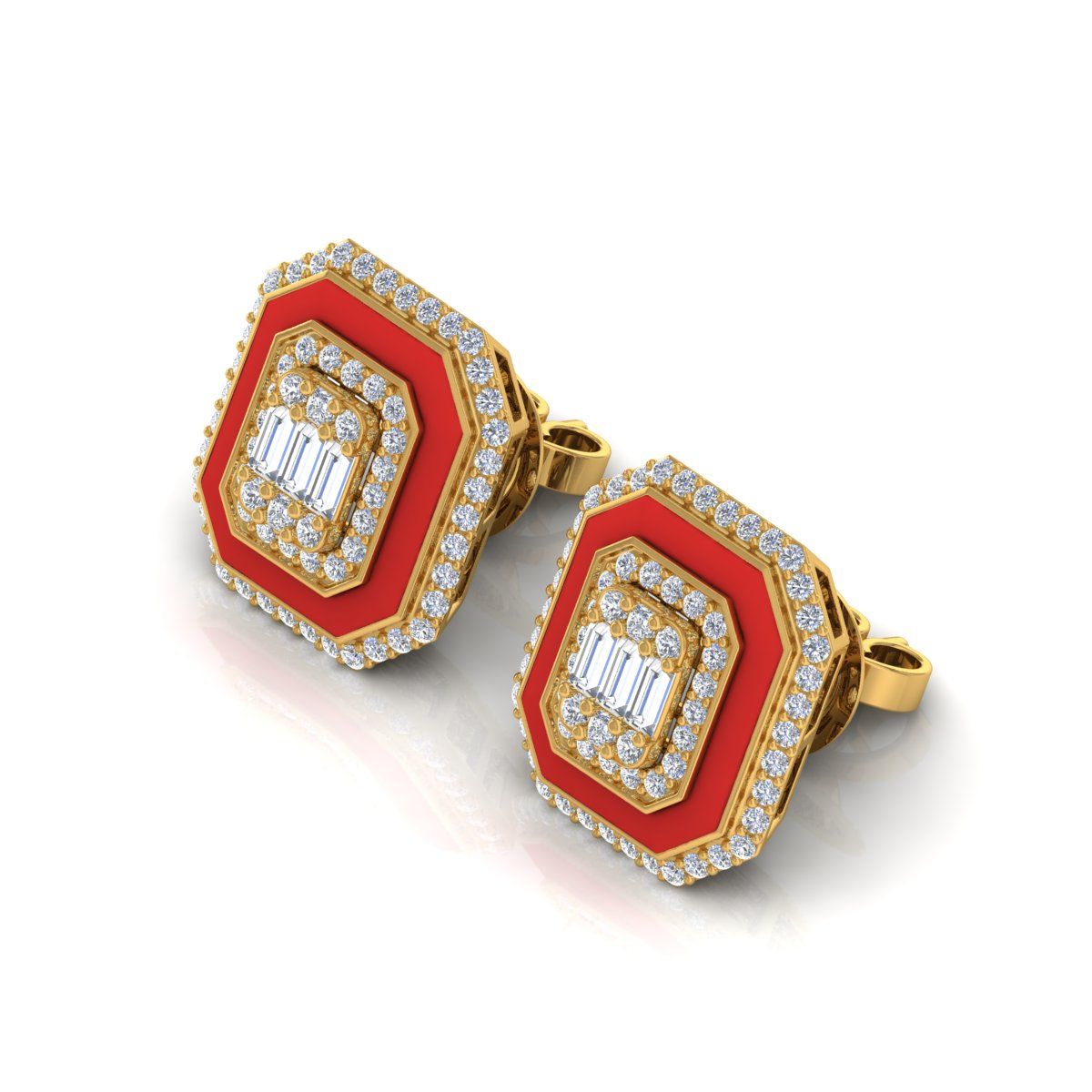 0.90 Ct. Solid 18k White Gold SI/HI Pave Diamond Red Enamel Stud Earrings