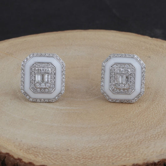 0.90 Ct. SI/HI Pave Diamond Solid 18k White Gold White Enamel Stud Earrings